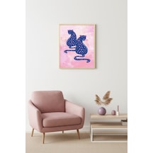 Doğal Ahşap Çerçeveli Retro Kedi Tablo - Nokta Desenli Pop Art Huhu2318