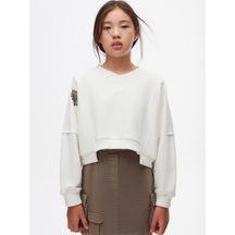 Kız Çocuk Pamuklu Triko Kumaş Karışımlı Sweathirt-14720 Ekru