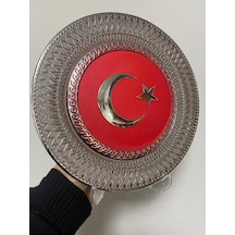 Türk Bayrağı Dekoratif Tabak, Gümüş Rengi Desenli Çerçeve, Kırmızı Ay Yıldız Motifli, 21 Cm, Standlı Genel