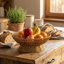 Biishe 25 Cm Plastik Rattan Servis Çanağı Doğal Hasır Görünümlü Dekoratif Meyve, Ekmek Ve Sunum K Çok Renkli