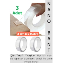 Ultra Güçlü Esnek Kesilebilir Kolay Kullanım Estetik Çift Taraflı Nano Şeffaf Bant 3 Cmx2 Metre 3 Ad