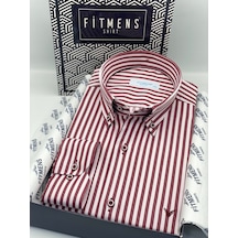 Slim Fit Uzun Kol Likralı Çizgili Yaka Düğmeli Hediye Kutulu Erkek Gömlek Fs-003669 - Bordo-2576
