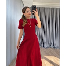 Gizers Giyim Kadın Kısa Kollu Bisiklet Yaka Maksi Boy Ithal Krep Elbise Kırmızı