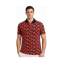 Wear Vexel Erkek Pike Kumaş Polo Yaka Palmiye Desenli Tişört Kısa Kol Yazlık T-shirt - Kırmızı Çok Renkli