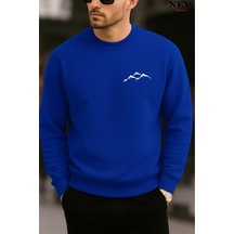Dağ Baskılı Bisiklet Yaka Sweatshirt Saks Mavisi