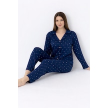 Charme Kadın Lacivert Desenli Düğmeli Uzun Kollu Rahat Pijama Takımı Lacivert