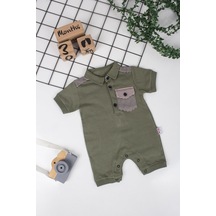 Erkek Bebek Çizgili Cep Detaylı Kısa Kollu Tulum-5556-haki-yeşil