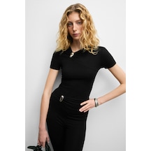 Grimelange Fasley Kadın Yumuşak Ve Esnek Kumaşlı Toka Detaylı Slim Fit Siyah Bluz Siyah