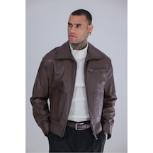 M M Marki Marki Erkek Fındık Rengi Hakiki Deri Ceket Oversize Kesim Fermuarlı Astarlı 64 Cm - 508922