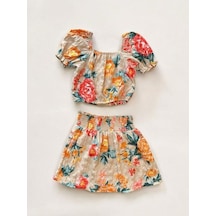 Zekids Kız Çocuk Çiçekli Etekli Takım-14497 Bej