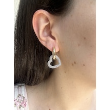 Taşlı Kalp Halka Küpe Altın