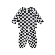 Antebies Organik Gots Sertifikalı Antrasit Kare Desenli, Omuzdan Çıtçıtlı, Raglan Kollu, Uzun Kollu Ribanalı Sweatshirt, Bel Lastikli Bağcıklı Pantolonlu Bebek Takımı Gri