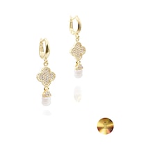 Brezza Lusso Jewelry 18k Serie Oro Sallantılı Hakiki İncili Yonca Gümüş Küpe