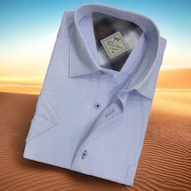Linen Keten Klasik Mavi Kısa Kollu Erkek Gömlek Regular Kalıp -10086 Mavi