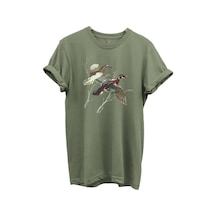 Uçan Yaban Ördekleri Çizim Baskılı %100 Pamuk Regular Fit Bisiklet Yaka Unisex T-shirt Haki
