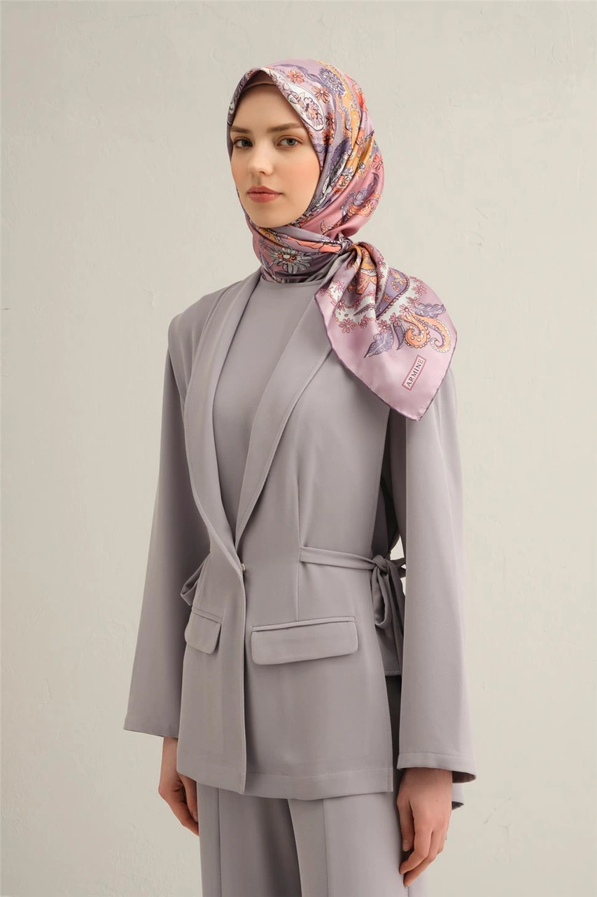 Armine Etnik Desenli Saf İpek Twill Eşarp 9338d 53 Lila