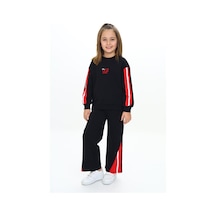 Toontoy Kids Toontoy Kız Çocuk 2'li Takım Baskılı Kolej Yaka Fermuarlı Reglan Kol Sweatshirt & Beli Paçası Ribanalı Jogger Eşofman Altı - 2 İplik Siyah