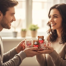 Ayıcık Peluş Anahtarlıklı Porselen Kupa Seti - 380 Ml Kutulu Hediye - 4 Farklı Modelden Biri Sürpriz/asorti - Sevimli Ayı Figürlü Bardak Ve Anahtarlık Acı Kahve