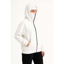 Efnaz Style Samuray Ninja Çift Kapşonlu Zıp Fermuarlı Kanguru Çepli Hoodie Maske Detaylı Swetshirt - Beyaz