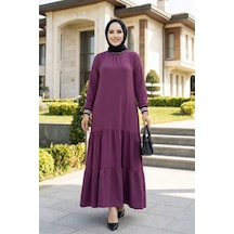 Hb Harma Time Butik Kadın Ayrobin Kolu Ribanalı Uzun Pembe Tesettür Elbise Pembe Pembe