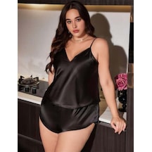 E Bulurum Closet Büyük Beden Siyah Saten Şortlu Takım Siyah