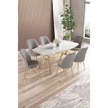 Canisa Lena Serisi 90x160 Lak Panel Beyaz Mermer Desen Gold Kaplama Ayaklı Masa Takımı Ve 6 Gri Sandalye Beyaz