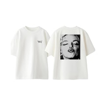 Thewert Marilyn Monroe Kiss Tasarım Sırt Baskılı Pamuk Beyaz Oversize T-shirt