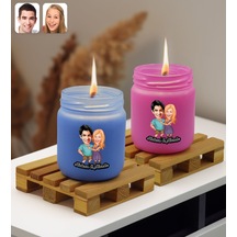 Bk Gift Kişiye Özel Dtf Karikatürlü 2 Li Mavi Ve Pembe Renkli Cam Kavanozda Kokulu Mum-1, Arkadaşa Hediye, Sevgiliye Hediye