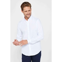 Tudors Erkek Slim Fit Dar Kesim Uzun Kollu Pamuklu Oxford Doku Kolay Ütülenebilir Beyaz Düğmeli Yaka Gömlek-31025-beyaz Beyaz