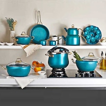 OMS 3519 Cam Kapaklı 16 Parça Granit Çeyiz Tencere Seti Mentol Ye