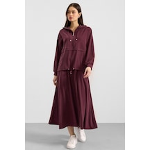Olcay Kapüşonlu Bağcık Detaylı Premium Kumaş Sweat Etek Takım Bordo 9403-tk