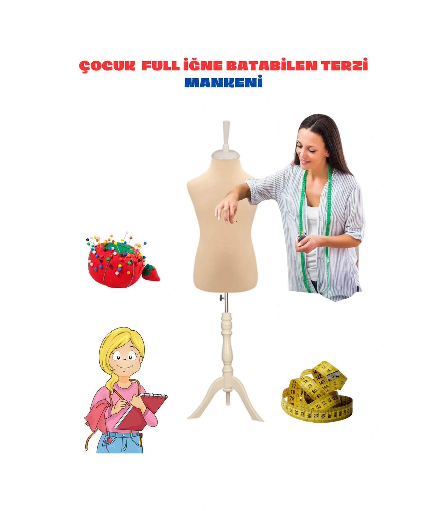 Çocuk Krem Kumaşlı Beyaz Üç Ayaklı 10 Yaş Terzi Mankeni