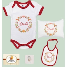 Bk Kids Kişiye Özel İsimli 5 Parça Kırmızı Bebek Body Zıbın Yastık Hediye Seti, Yeni Doğan Bebek Giyim Hediyesi-8