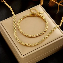 Gns Aksesuar Gold Burgu Model Çelik Kararmaz Zincir Kolye Ve Bileklik Set 3mm Gold