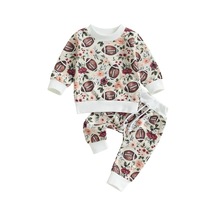 Kayısı Yürümeye Başlayan Bebek İki Parçalı Kıyafet Futbol Baskı Uzun Kollu Üstler Ve Elastik Pantolon Seti Bebek Kız Erkek Sonbahar Giysileri Krem