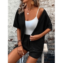 Butik İstanbul Kadın Kısa Kollu Önü Açık Bürümcük Ceket Ve Şort Ikili Takım Siyah
