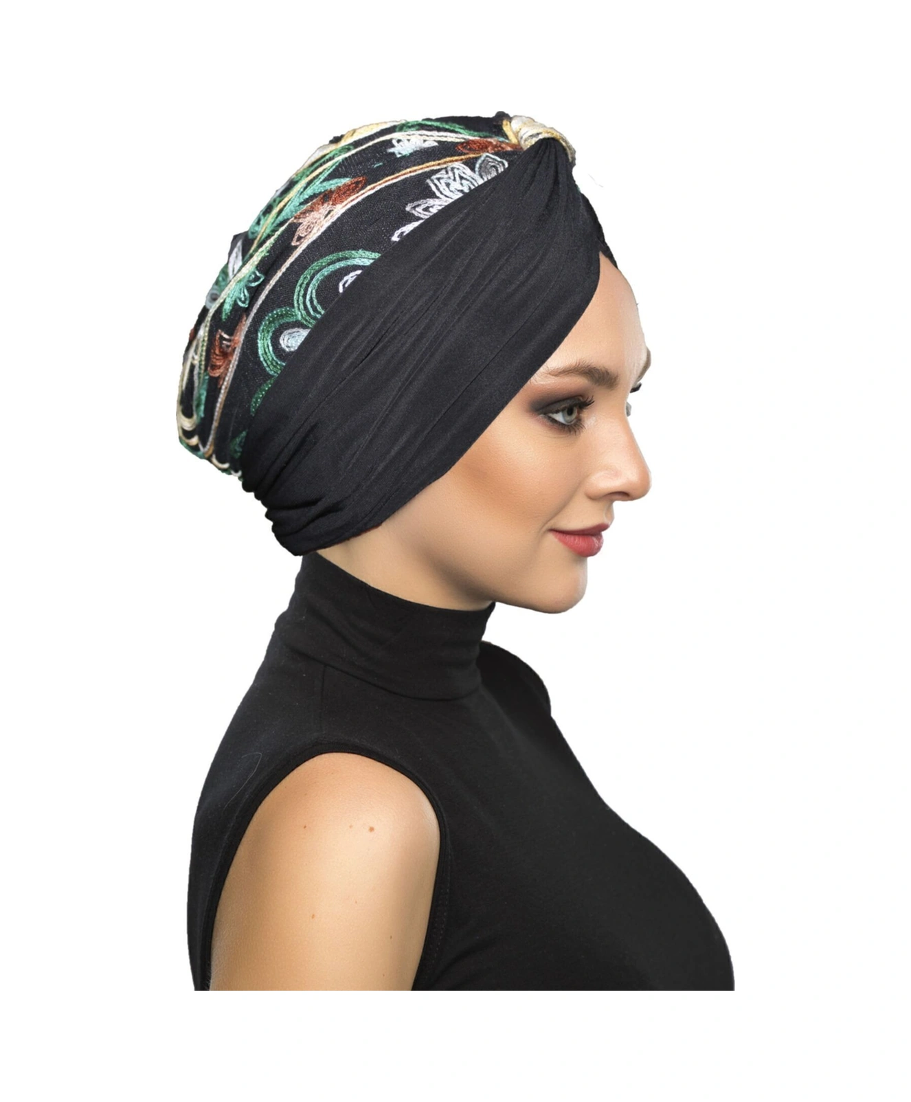 Otantik Nakış Motifli Astarlı Hazır Türban Tesettür Bone Siyah Motif 5