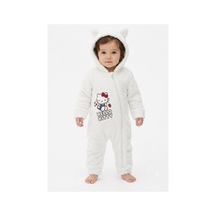 Hello Kitty Lisanslı Kız Bebek Welsoft Peluş Tulum Kapüşonlu Fermuarlı Kışlık Bebek Tulumu Beyaz