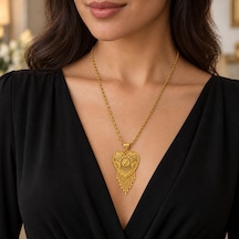 Kadın Gold Renk Kalp Formlu Püsküllü Otantik Hint İşi Uzun Kolye 60+5 Cm Renkli
