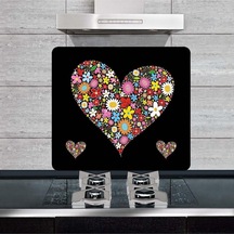 Cam Ocak Arkası Koruyucu   Siyah Kalp 50cm x 56cm