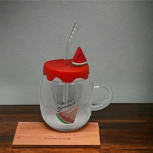 Karpuz Tasarımlı Cam Kupa Bardak - 450 Ml - Silikon Kapaklı - Pipetli Karışık