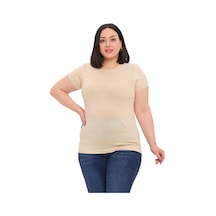 Disentis Büyük Beden Bisiklet Yaka Kısa Kollu Viskon Bej Rengi Body Bej