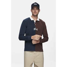 Ucla Clark Kahve Baskılı Polo Yaka Standard Fit Erkek Sweatshirt Kahve Kahverengi