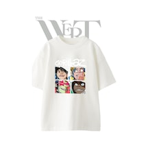 Thewert Gorillaz Tasarım Baskılı Ünisex Beyaz Oversize T-shirt