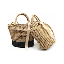 Novahub Kahve El Yapımı Hasır Çanta Kurdelalar 32cmx26cm Plaj Örgü Tote Çanta Omuz Çantası Kahverengi