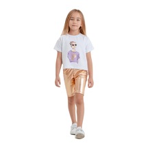 Kız Çocuk Parlak Kaprili Kız Baskılı Tişörtlü Alt Üst Takım-2042-beyaz
