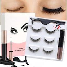 3d Manyetik 6 Adet Takma Kirpik Seti 3 Çift + 1 Adet Likit Eyeliner Yapıştırıcı + Kirpik Cımbızı