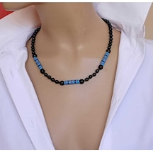 Maviş Erkek Oniks Doğal Taş Kolye Siyah Parlak Taş Ve Mavi Dese Çok renkli