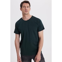 Tudors Erkek Slim Fit Dar Kesim Pamuklu Yumuşak Doku Likralı Esnek Kumaş Basic Koyu Yeşil Bisiklet Yaka Tişört-35714 Koyu Yeşil