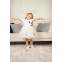 Tüllü Astarlı Esnek Kirazlı Elbise Kısa-beyaz Beyaz